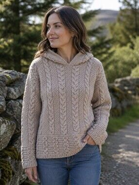 Merino Wool Cozy Cable Knit Hooded Sweater in Beige - M
